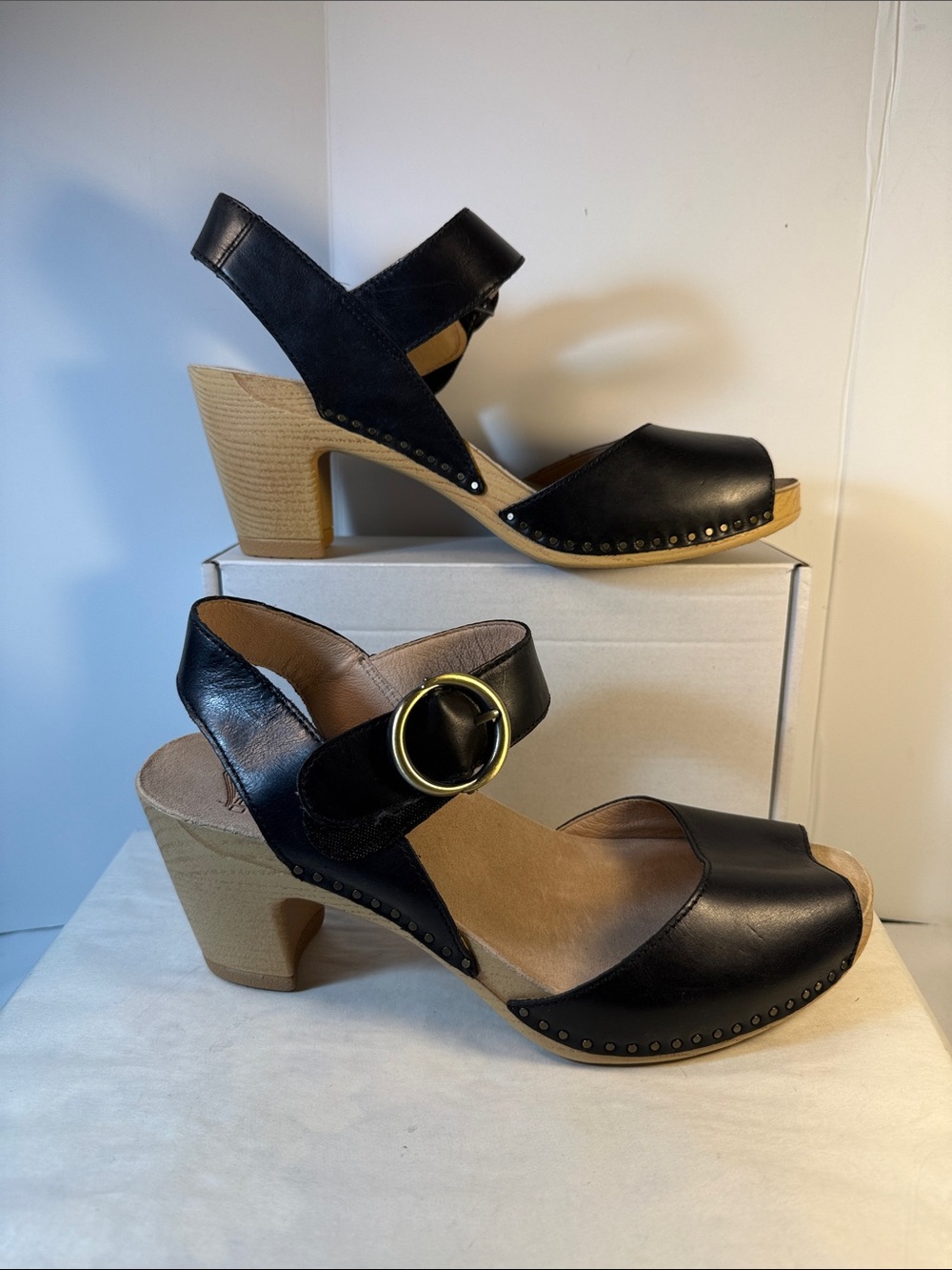 Dansko Black Leather Open-Toe Wedge Sandals with Gold Buckle